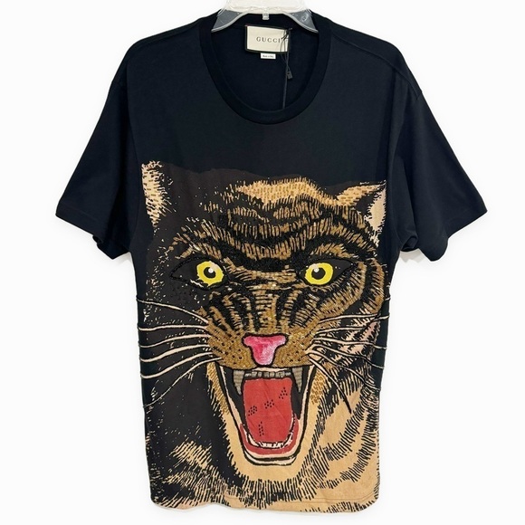 Gucci | Oversized Feline Print T-shirt Top Embroidered Beaded Size Small - Picture 3 of 11